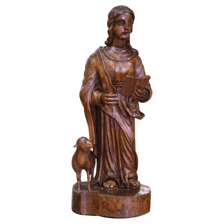 18th C. French Carved Walnut Figure of Saint John the Baptist with Lamb