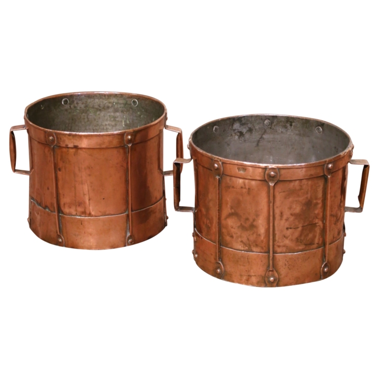 Pair of 19th Century French Copper Grain Measure Buckets with Side Handles