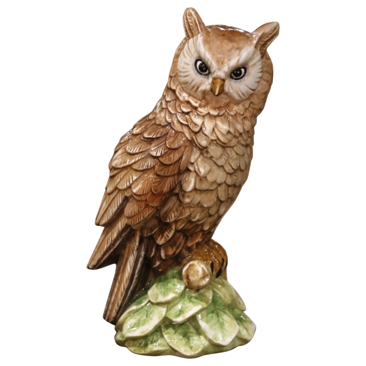 Mid-Century Italian Hand Painted Glazed Ceramic Owl Sculpture with Foliage Base