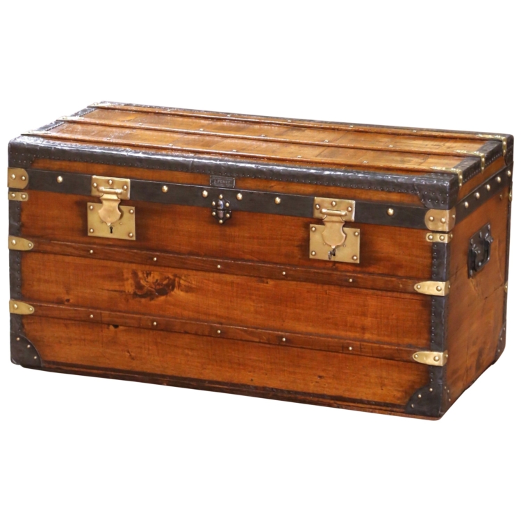 19th Century French Poplar, Leather and Metal Travel Trunk by J. Penet, Paris