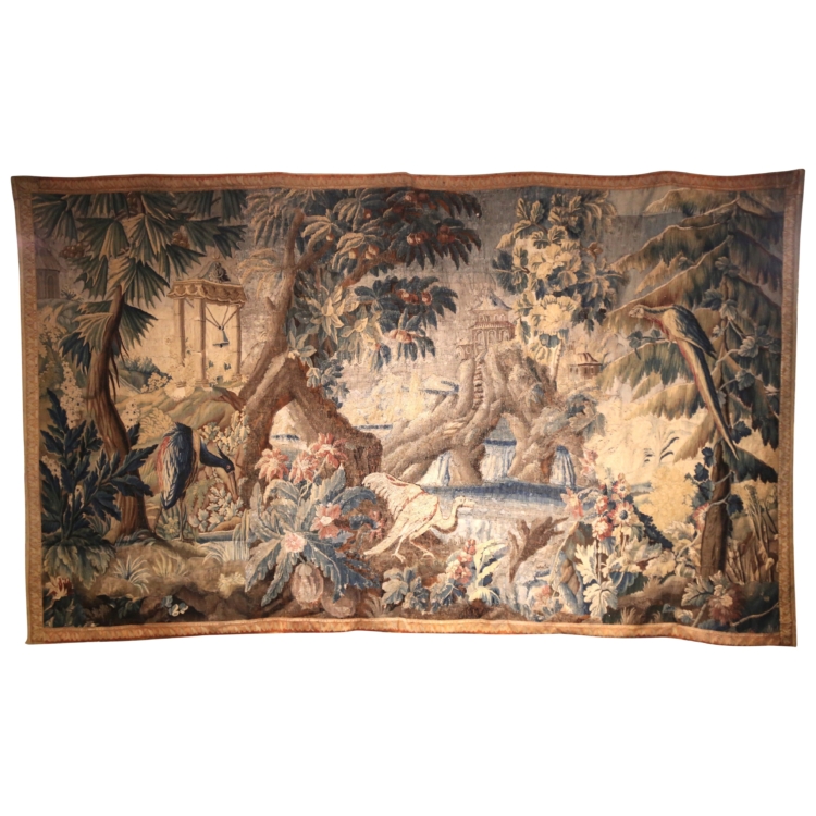 18th C. French Hand Woven Aubusson Tapestry with Birds, Ruins, and Floral Border