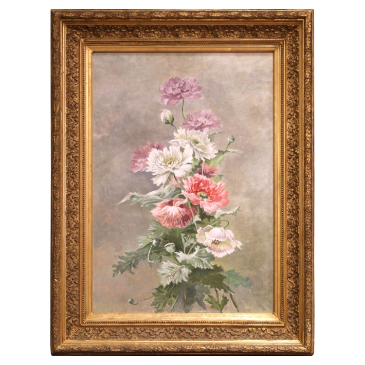 19th Century French Oil on Canvas Floral Painting in Carved Gilt Wood Frame