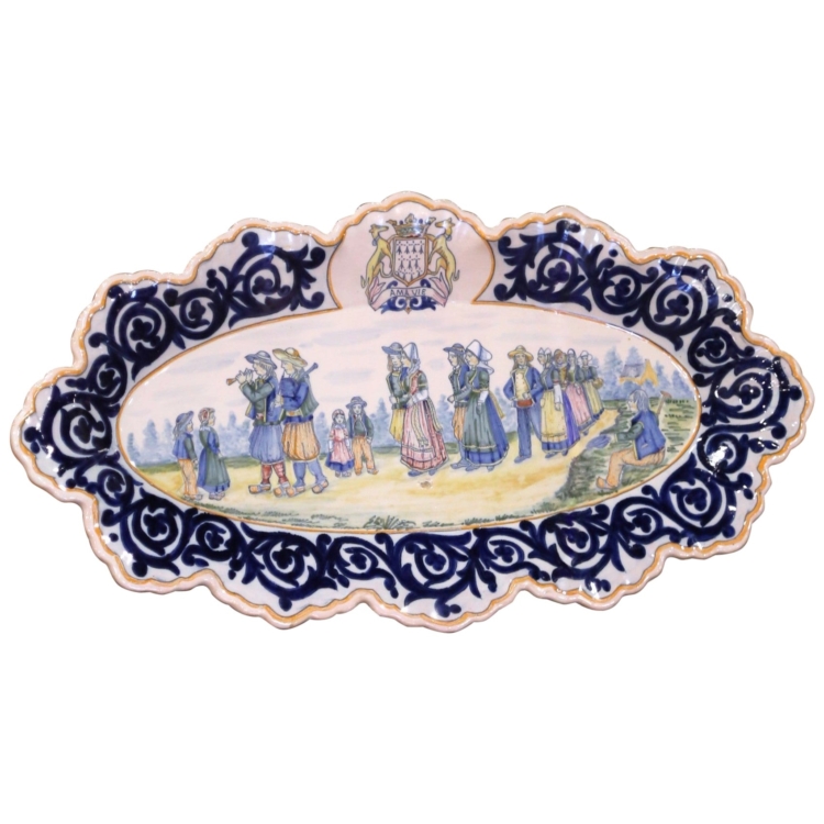 19th C. French Henriot Quimper Faience Wall Plaque with Breton Dance Scene
