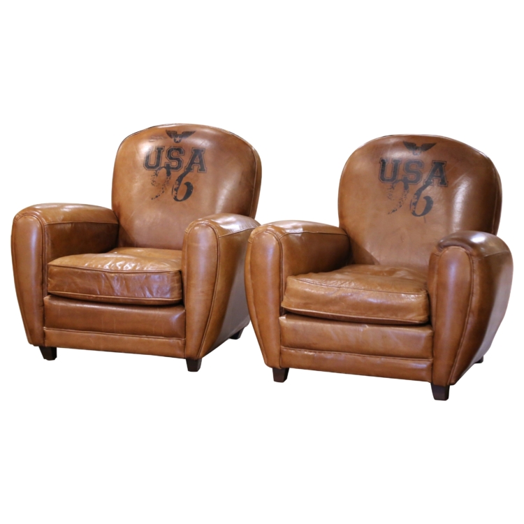Pair of Early 20th C. French Patinated Leather Club Chairs with Nailhead Trim
