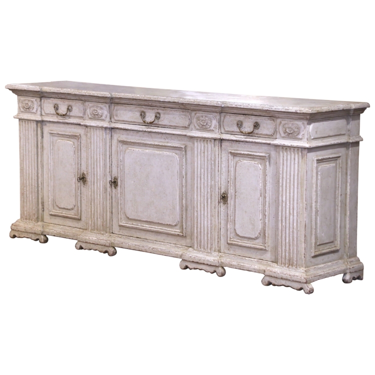 19th Century French Louis XIV Carved and Painted Three-Door Buffet with Drawers