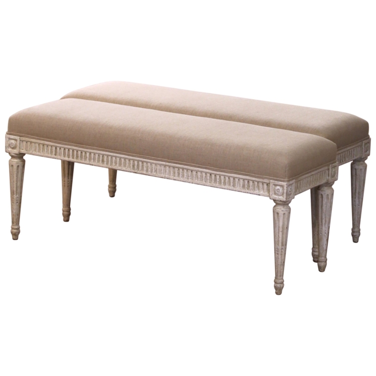Pair of 19th Century French Louis XVI Carved and Painted Upholstered Benches