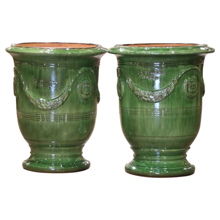 Pair of French Handmade Green Glazed Terracotta Anduze Planters by La Madeleine