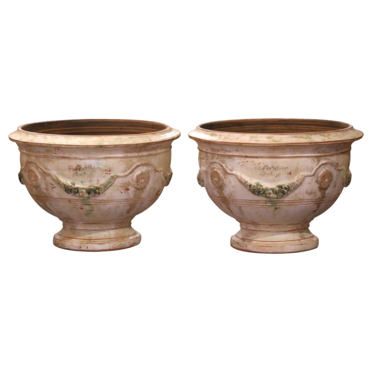 Pair of French Handmade Terracotta Bowl Urn Planters by La Madeleine in Anduze