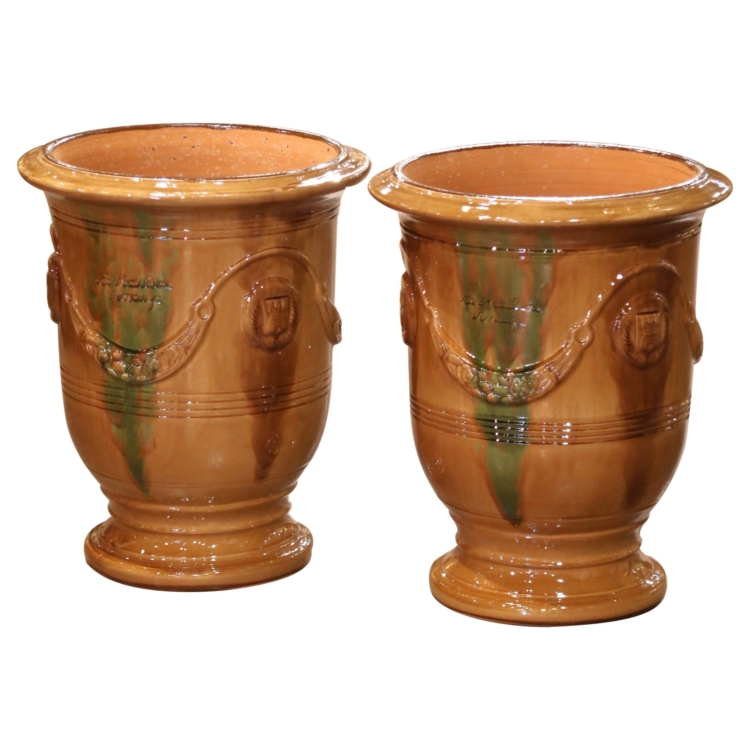 Pair of French Handmade Glazed Terracotta Anduze Planters by La Madeleine