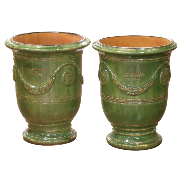 Pair of French Handmade Glazed Terracotta Anduze Planters by La Madeleine