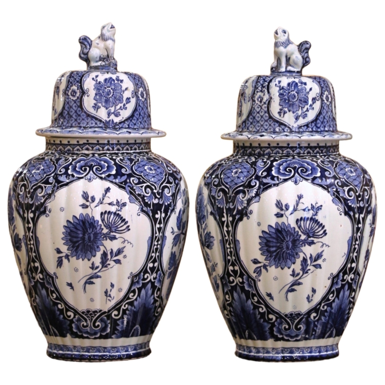 Pair of Blue and White Royal Sphinx Delft Ginger Jars with Foo Dog Lids