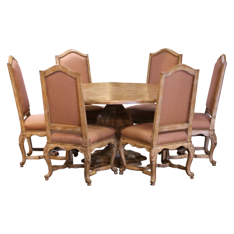 Late 20th Century French Louis XV Round Dining Table with Six Upholstered Chairs