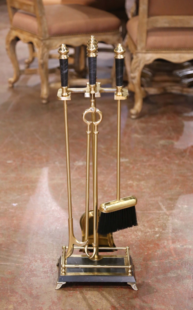 Mid-Century French Empire Brass and Marble Fireplace Five-Tool Set on Stand