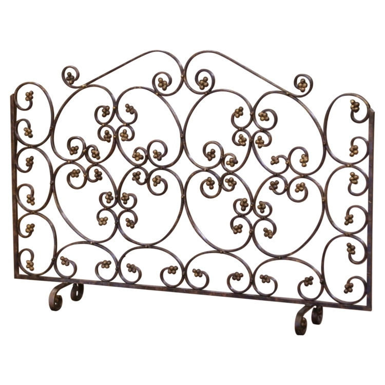 Mid-Century French Wrought Iron Decorative Fire Screen with Gilded Rosettes