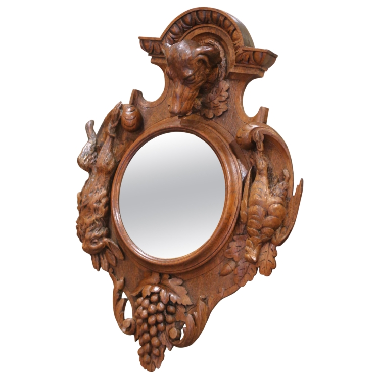 19th C. Black Forest Carved Walnut Hunt Mirror with Dog, Game, and Grapes
