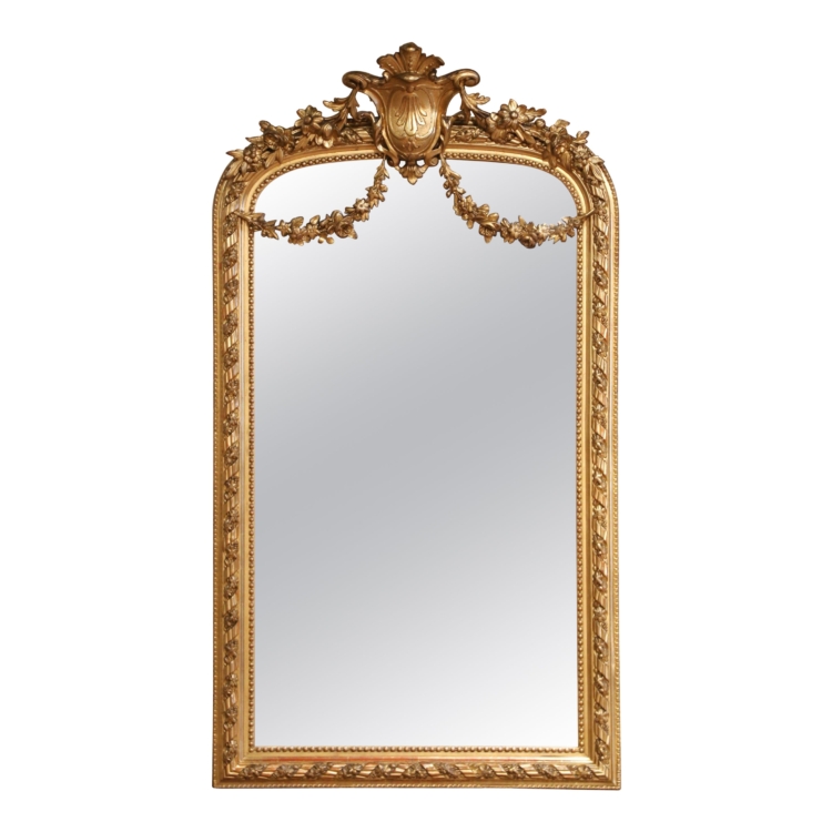 19th C. French Louis XVI Giltwood Mirror with Shield Crest and Floral Garland