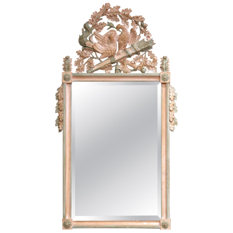 Mid-Century Louis XVI Style French Painted Mirror with Carved Love Birds Crest