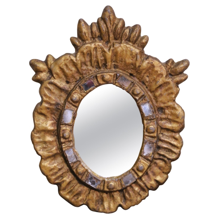 Petite Early 20th C. Spanish Gilt Iron Sunburst Mirror with Mirrored Inset