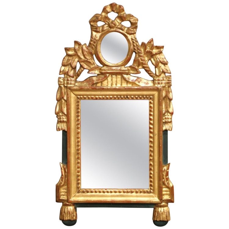 19th C. French Louis XVI Giltwood Wall Mirror with Laurel Crest and Beading