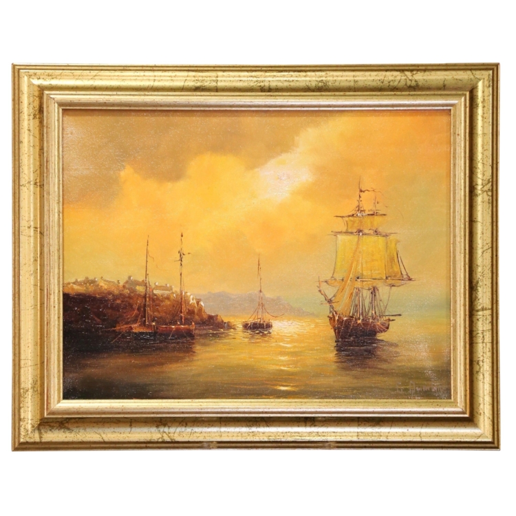 Mid-Century French Coastal Oil Painting in Gilt Frame Signed Georges Quintaine