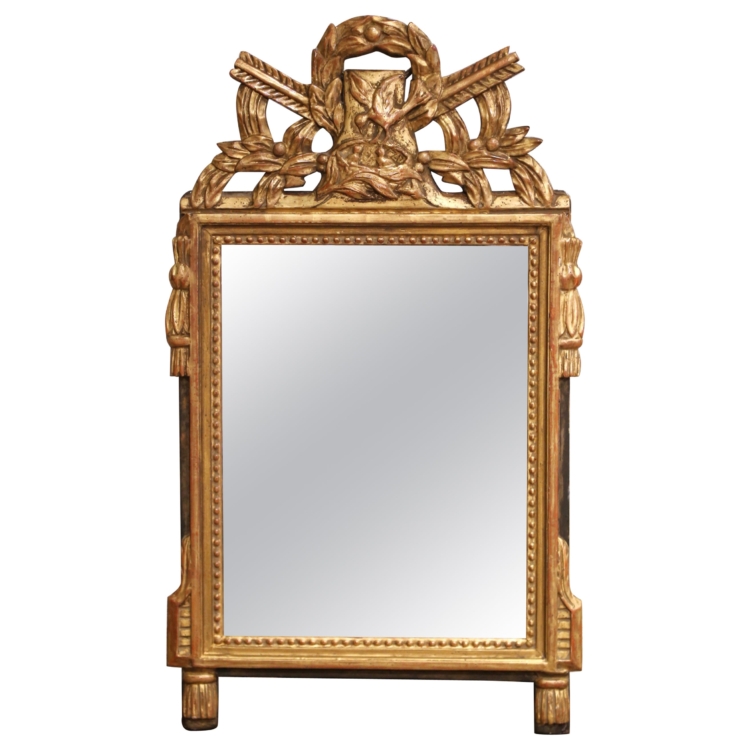 19th C. French Louis XVI Carved Giltwood Mirror with Quiver and Laurel Crest