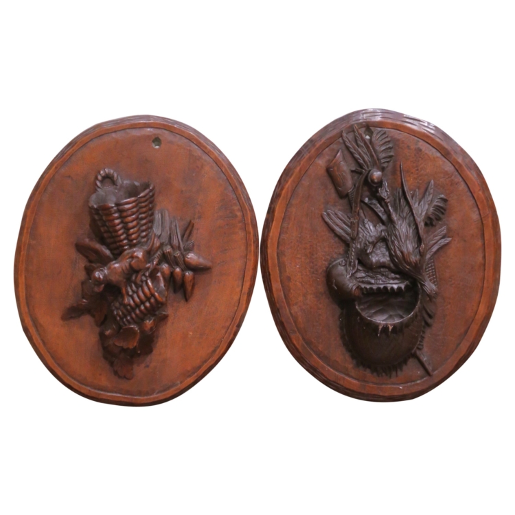 Pair of 19th C. French Black Forest Carved Walnut Game and Harvest Wall Plaques