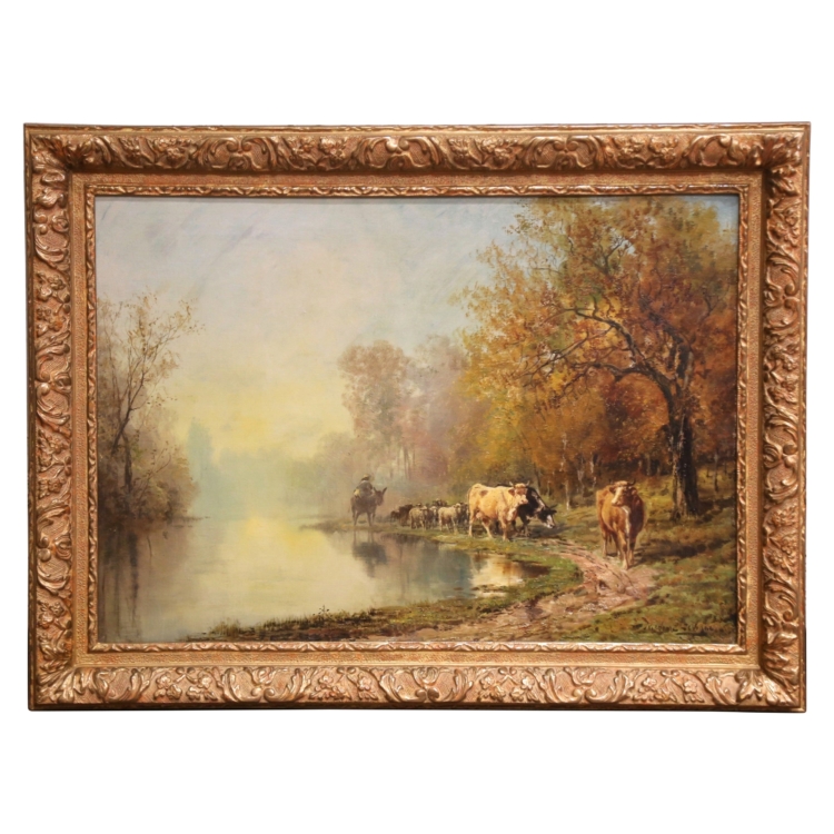 19th C. French Oil Painting with Herd in Carved Frame Signed Théodore Levigne