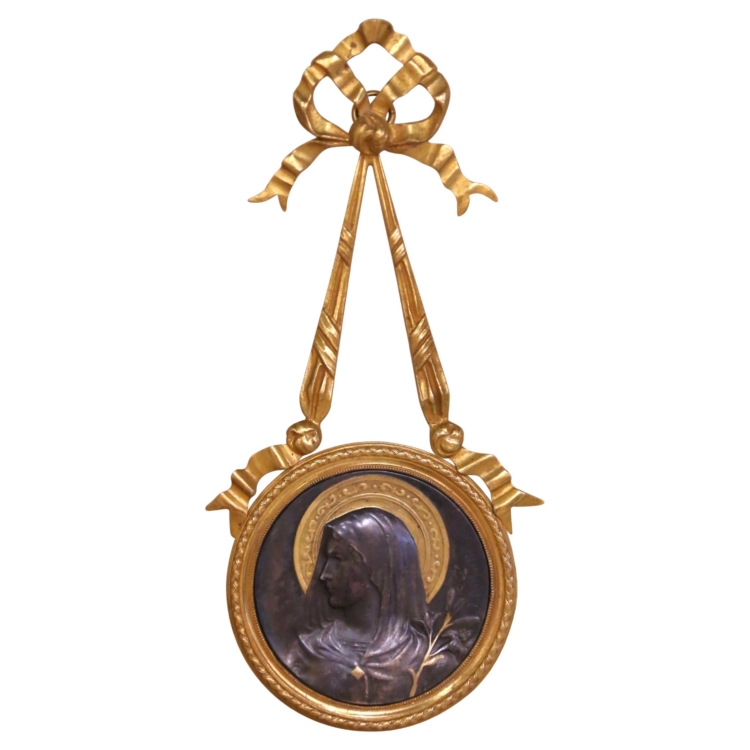 19th C. French Two-Tone Bronze Virgin Mary Wall Medallion with Gilt Ribbon Crest