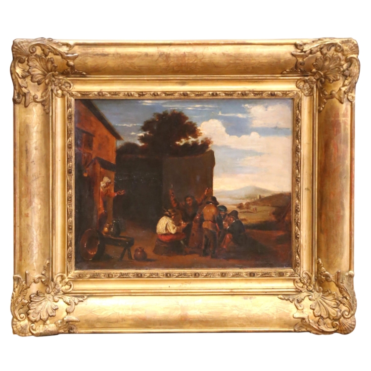 19th C. Flemish Oil on Canvas Painting in Gilt Frame, in the Manner of Teniers