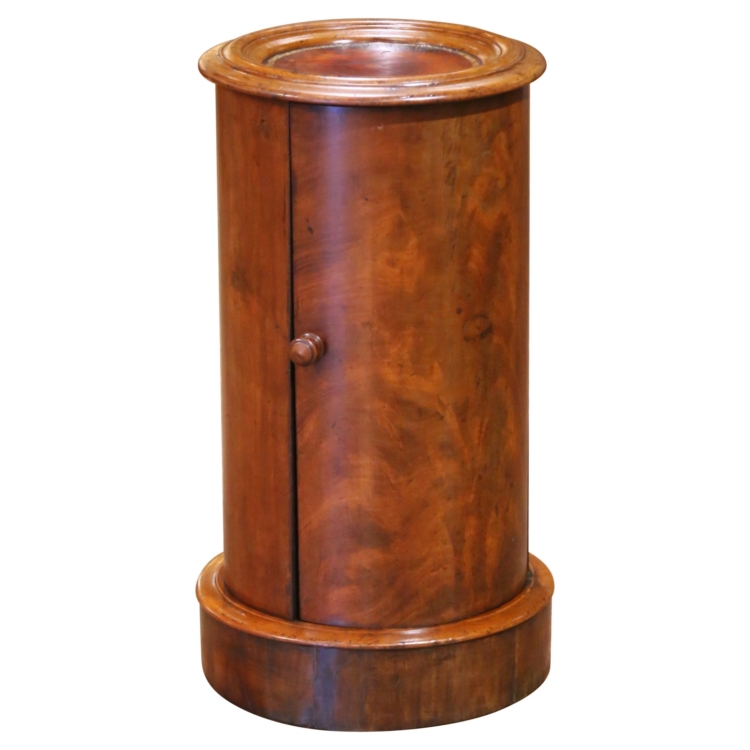 19th C. French Louis Ph. Walnut Cylindrical Side Table with Tooled Leather Top