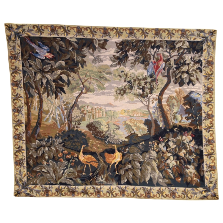 Early 20th C. French Aubusson Handwoven Tapestry with Birds and Castle Scene