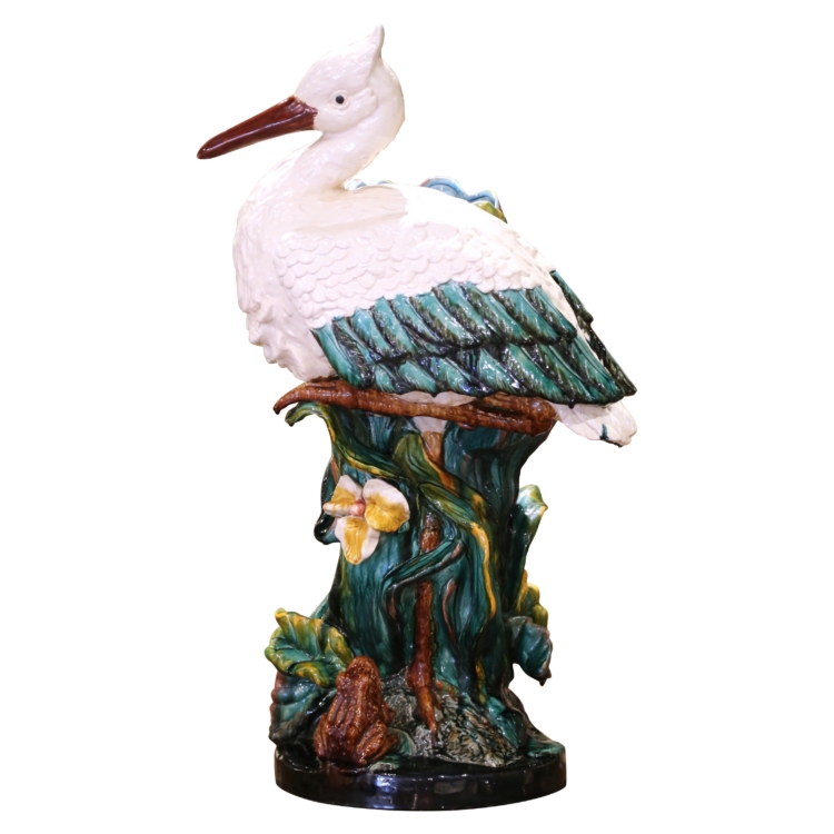 Late 19th C. French Barbotine Majolica Umbrella Stand with Stork and Frog