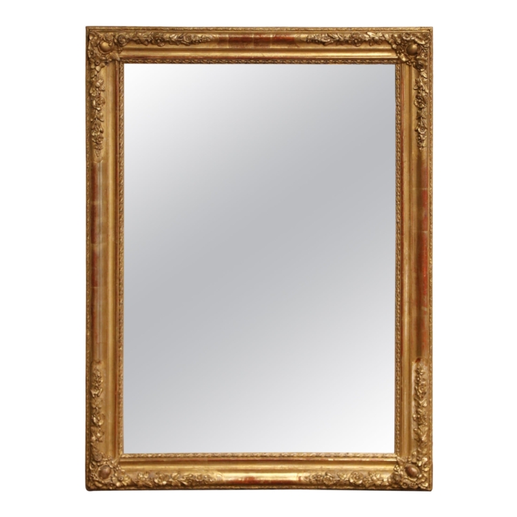 19th Century French Louis Philippe Giltwood Wall Mirror with Floral Motifs