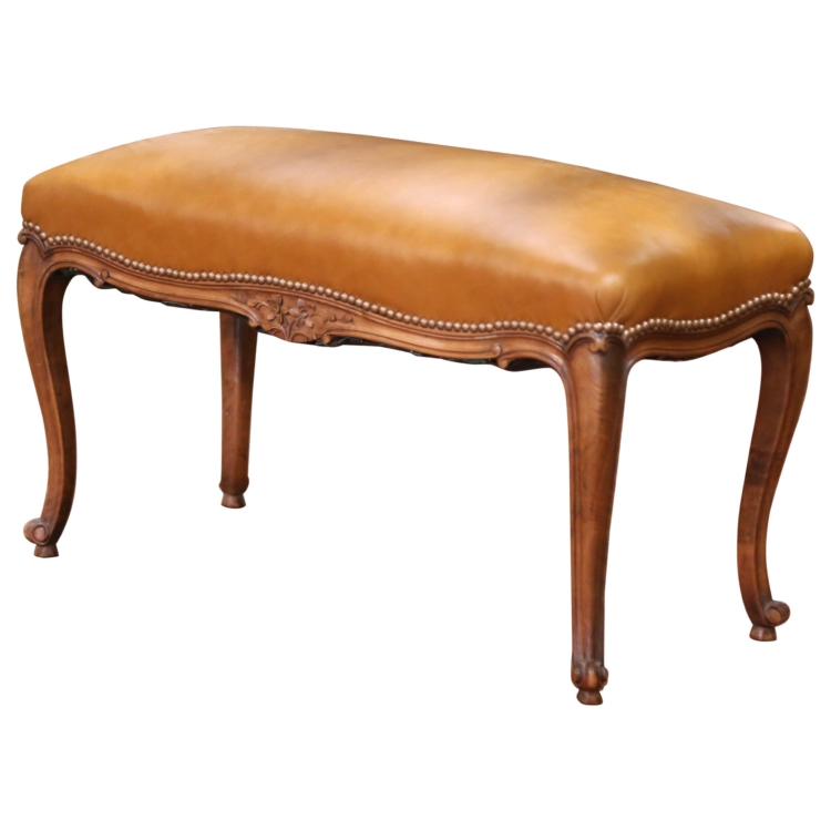 Early 20th C. French Louis XV Carved Walnut Bench with Leather Seat