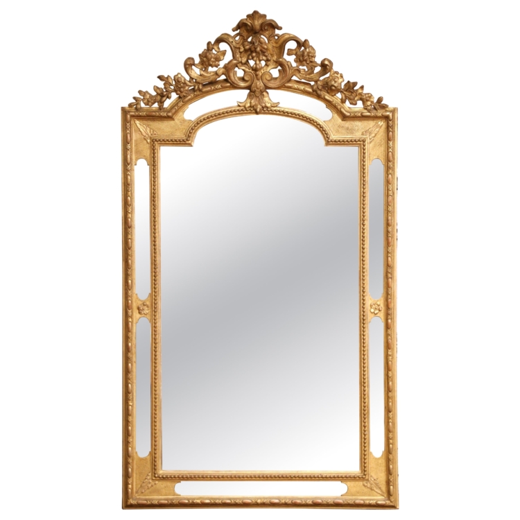 19th Century French Louis XVI Carved Giltwood Overlay Mirror with Floral Crest