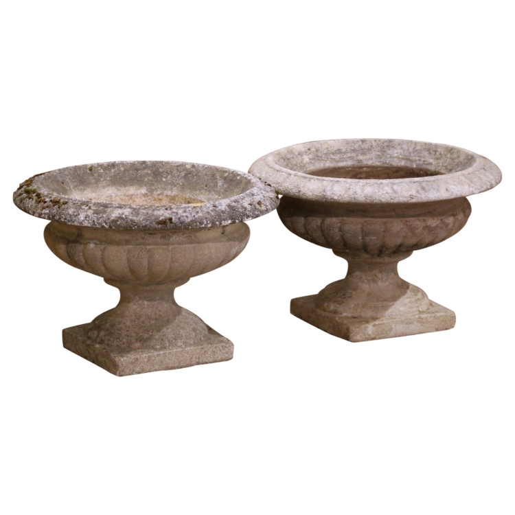Pair Early 20th Century French Carved Weathered Stone Garden Urns Planters