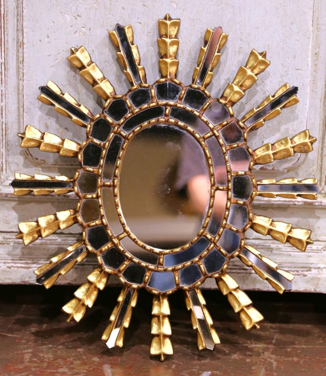 Mid-Century French Carved Giltwood Sunburst Mirror with Cut