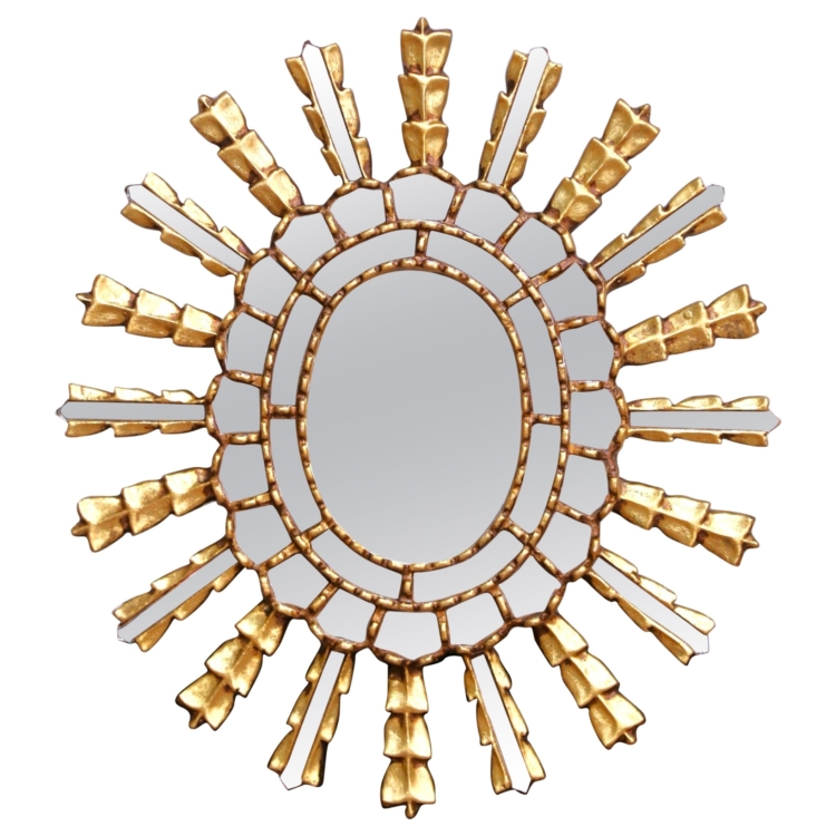Mid-Century French Carved Giltwood Sunburst Mirror with Cut Glass Insets