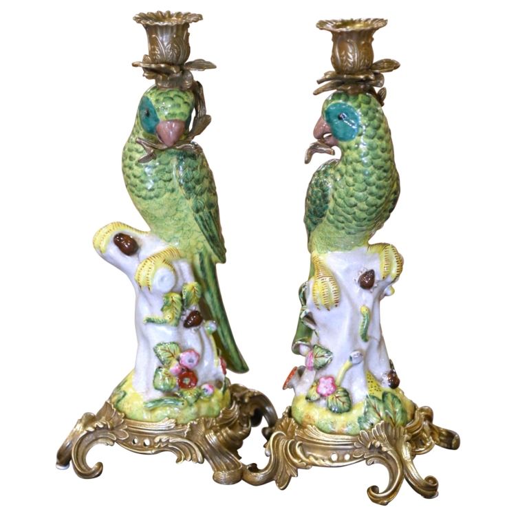 Mid-Century Chinese Export Porcelain Parrot Candlesticks on Gilt Bronze Bases