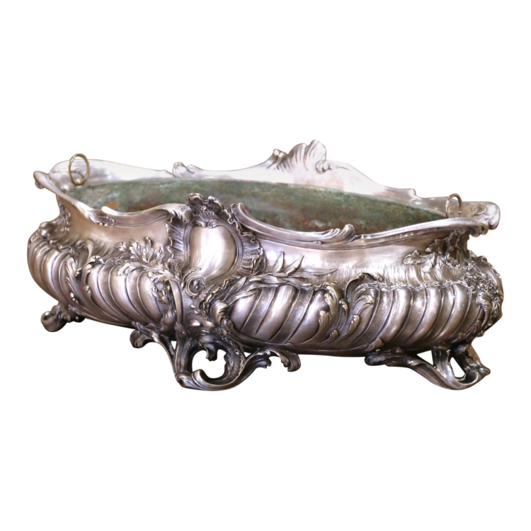 19th Century French Louis XV Bronze Silver Plated Oval Jardinière with Liner