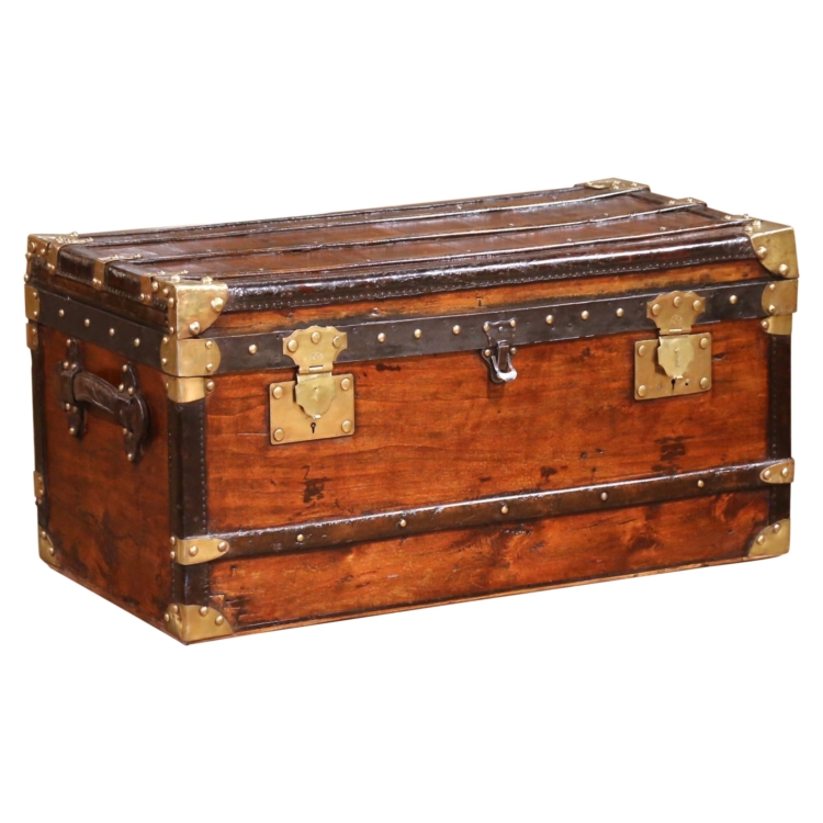 19th C. French Poplar, Metal and Brass-Bound Travel Trunk Stamped B.B. Paris