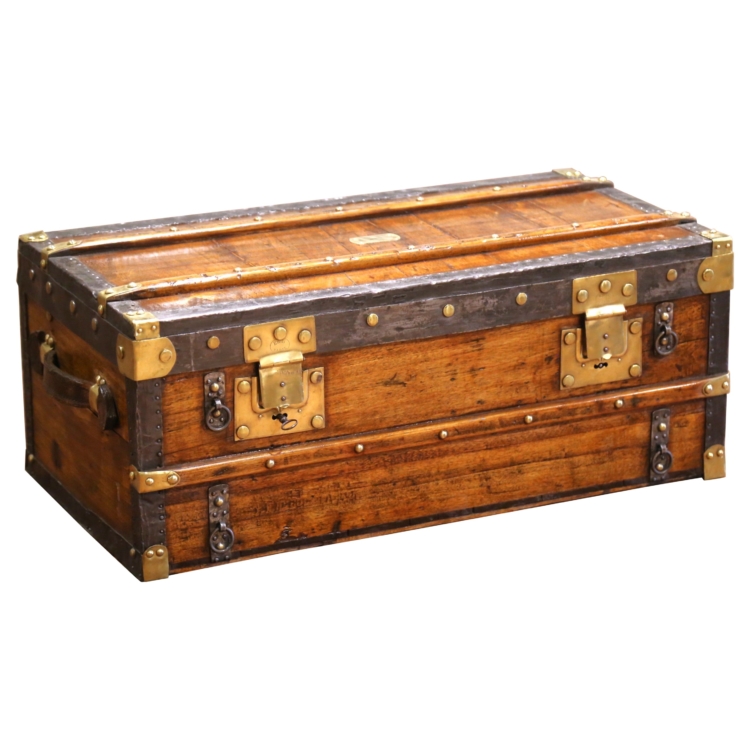 19th C. French Poplar, Metal and Brass-Bound Travel Trunk Stamped Ed. L Paris
