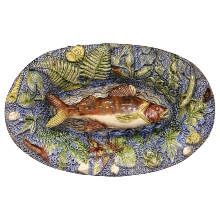19th Century French Hand Painted Ceramic Barbotine Fish Platter Palissy Style