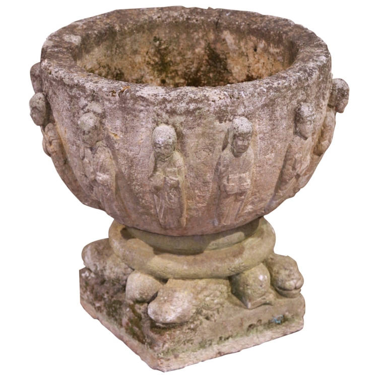 18th C. French Weathered Carved Limestone Two-Piece Garden Urn and Pedestal