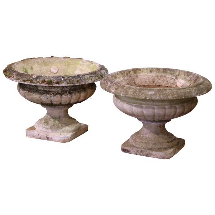 Pair of Early 20th Century French Stone Garden Urns Planters by Grandon Freres