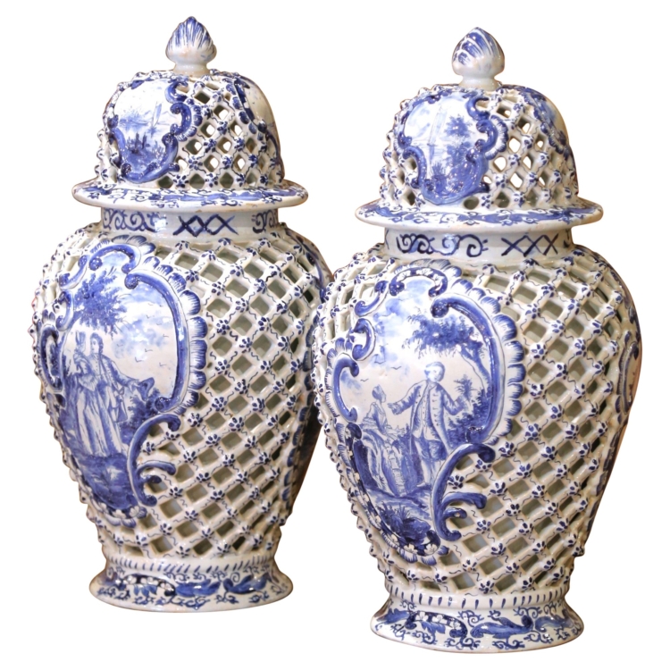 Pair of 19th C. French Blue and White Desvres Lidded Vases in Delft Style