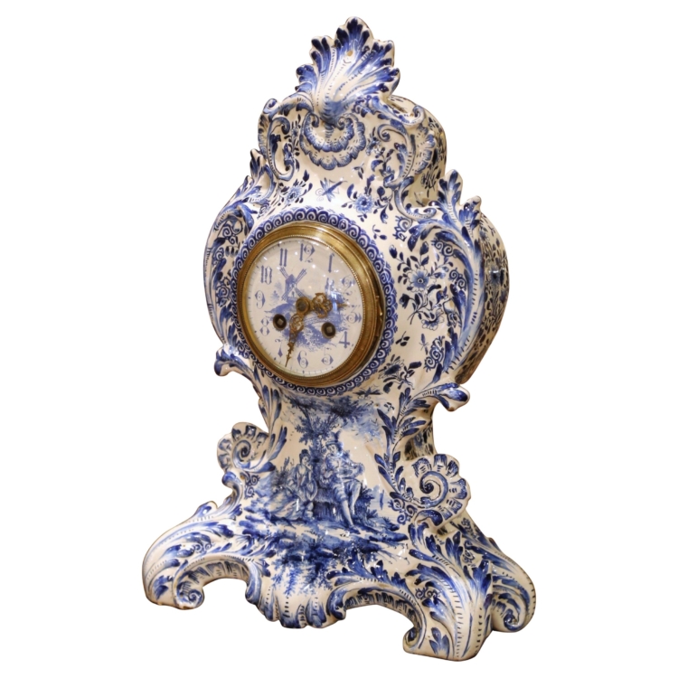 19th C. French Delft Blue and White Faience Mantel Clock with Windmill Scene