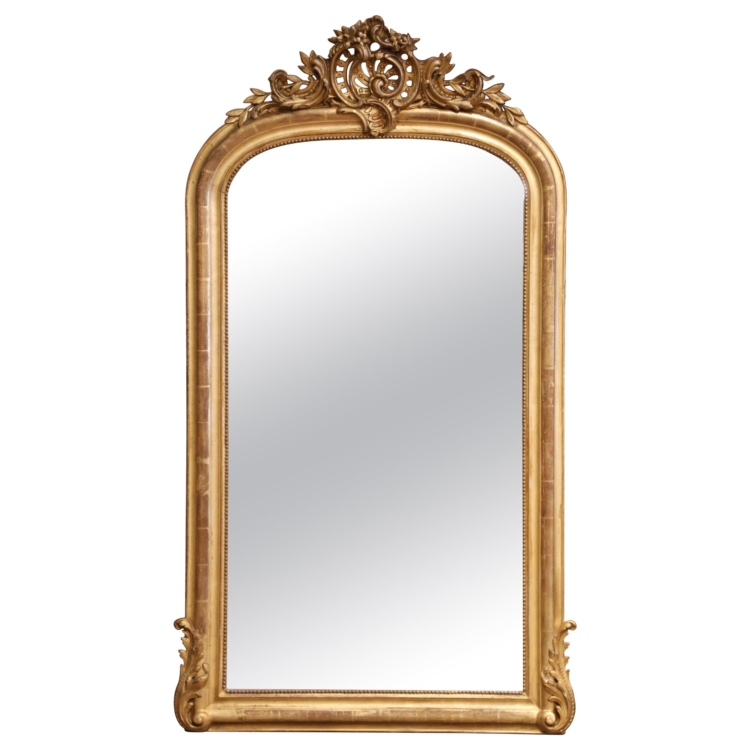 19th C. French Louis XV Gilt Wall Mirror with Carved Cartouche and Floral Crest