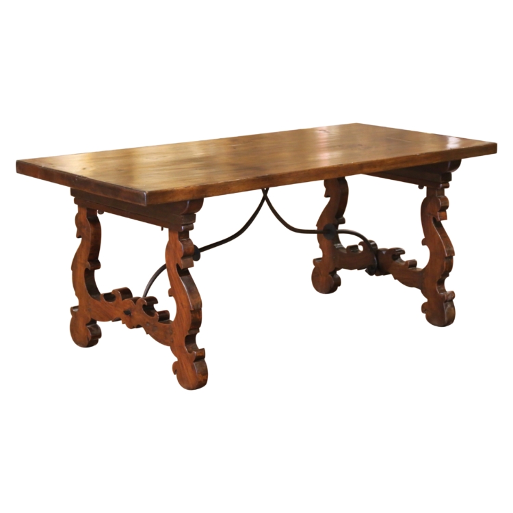 19th Century Spanish Carved Walnut Dining Trestle Table with Single Plank Top