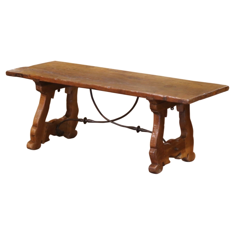 18th Century Spanish Carved Walnut Single Plank Coffee Table with Iron Stretcher